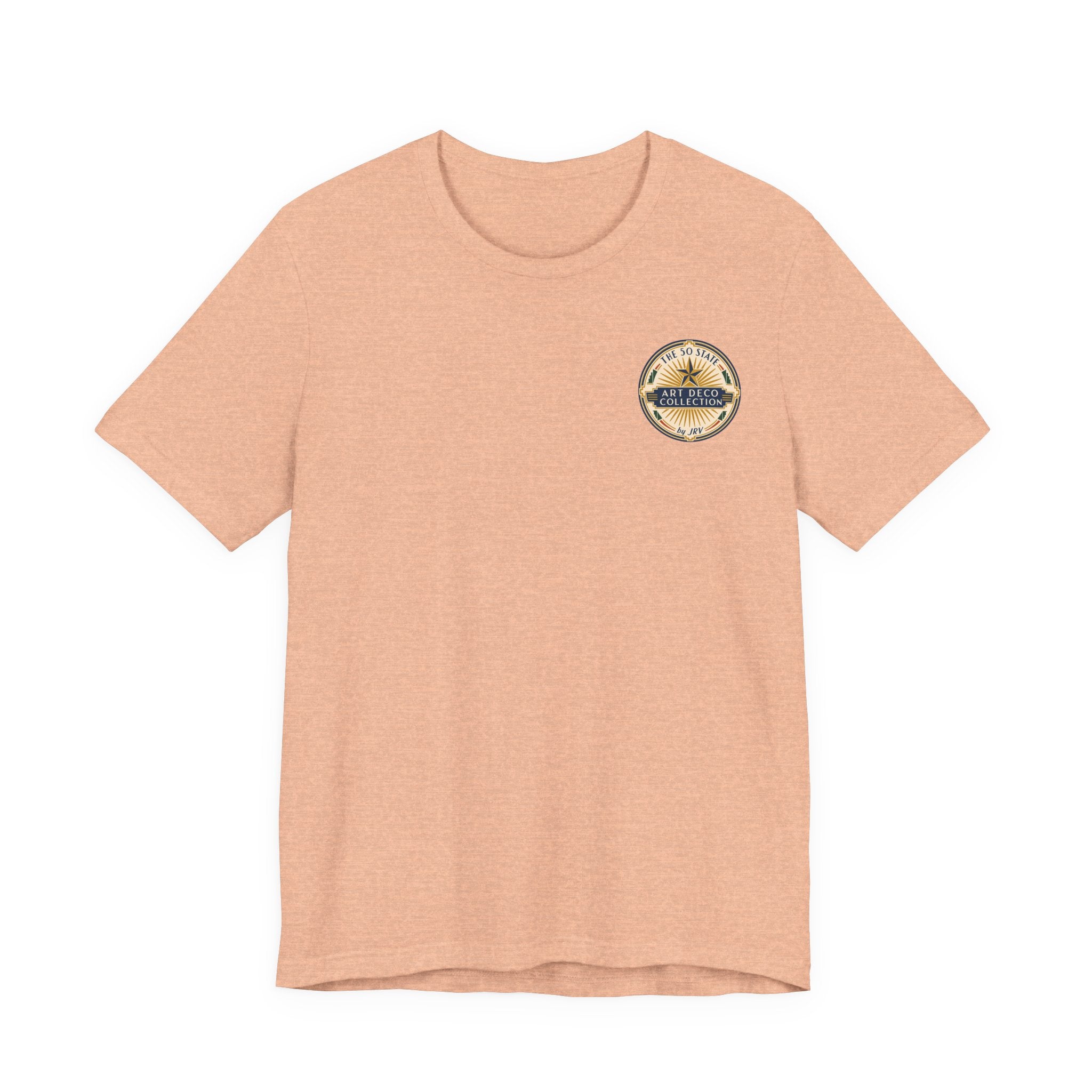 Peach T-shirt with small circular chest logo patch, crew neck short sleeves