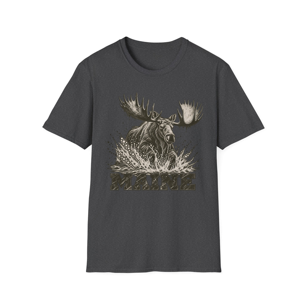 Dark heather moose graphic t-shirt with antlers splash and “MAINE” text