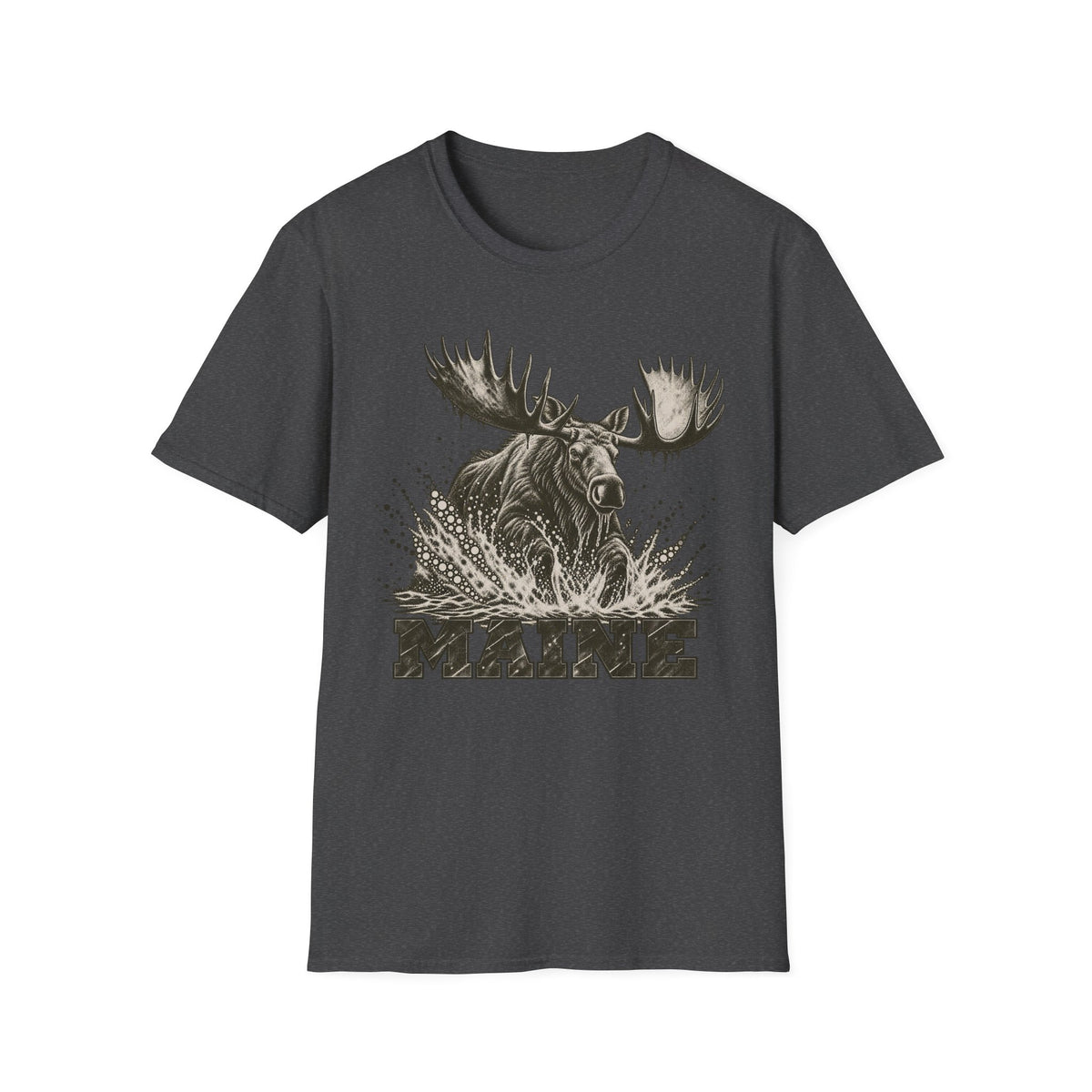 Dark heather moose graphic t-shirt with antlers splash and “MAINE” text
