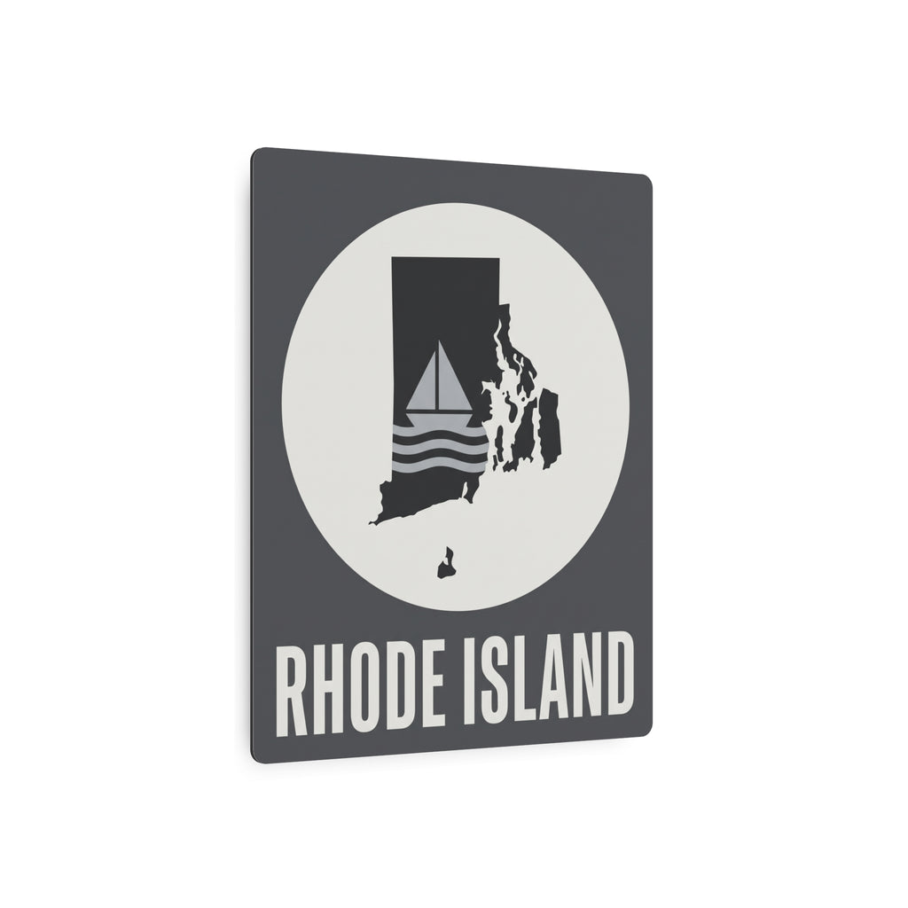 Square metal art sign with dark background, white circle Rhode Island sailboat silhouette, "RHODE ISLAND"