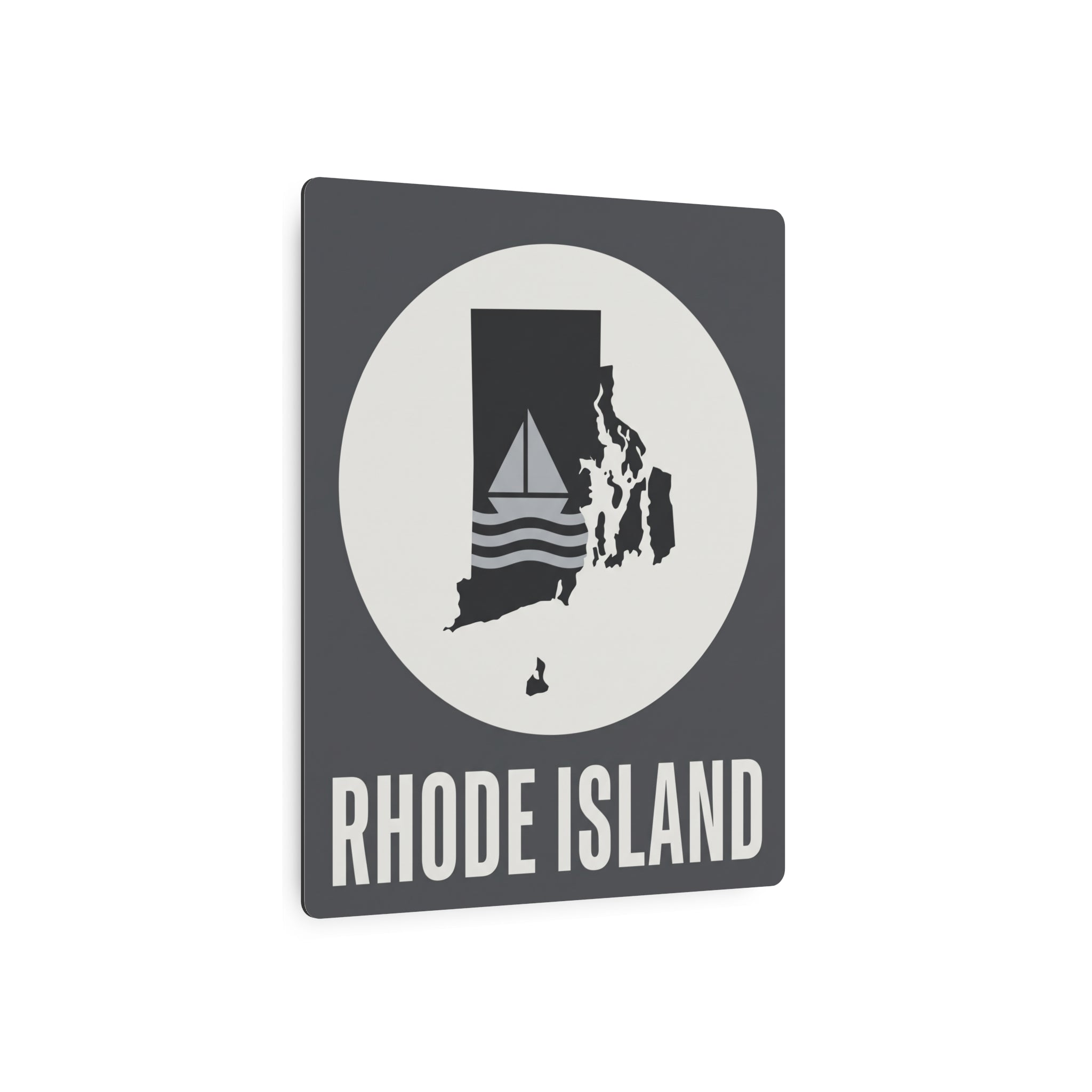 Square metal art sign with dark background, white circle Rhode Island sailboat silhouette, "RHODE ISLAND"