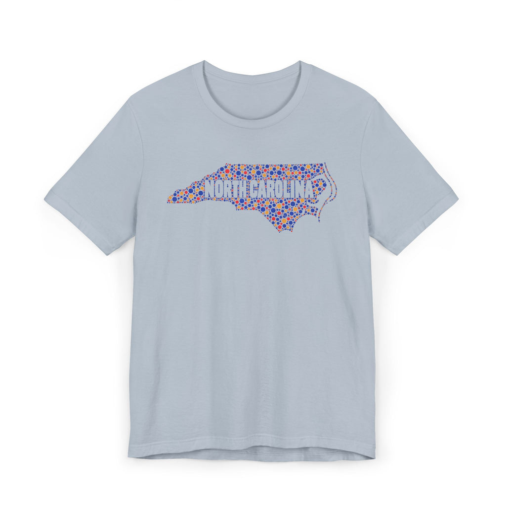 Light blue T-shirt with colorful North Carolina floral map outline graphic on chest