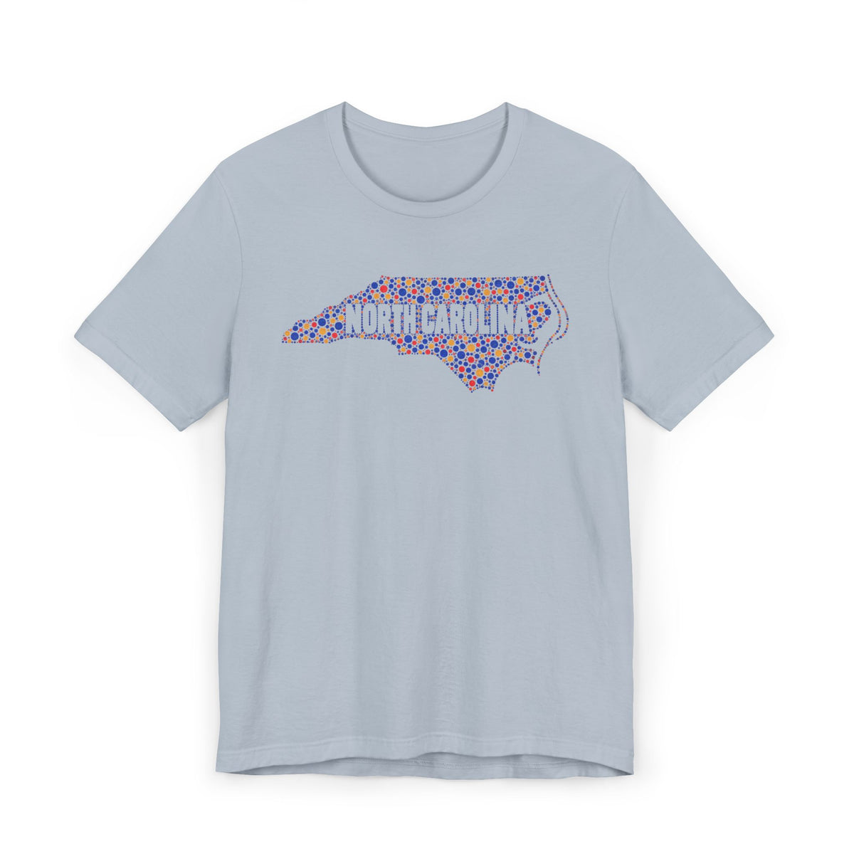 Light blue T-shirt with colorful North Carolina floral map outline graphic on chest
