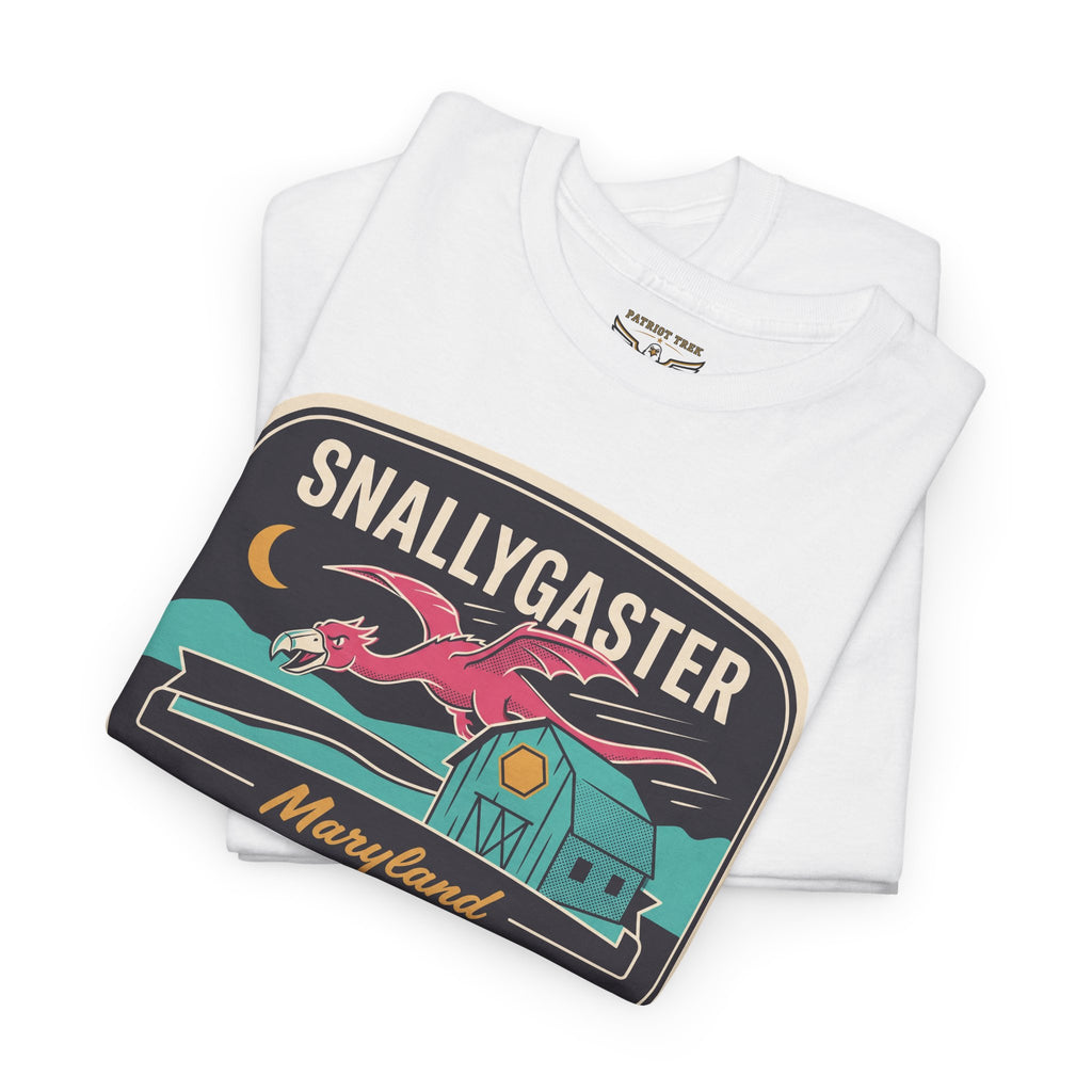 White graphic crew-neck tee with Snallygaster Maryland flying creature design