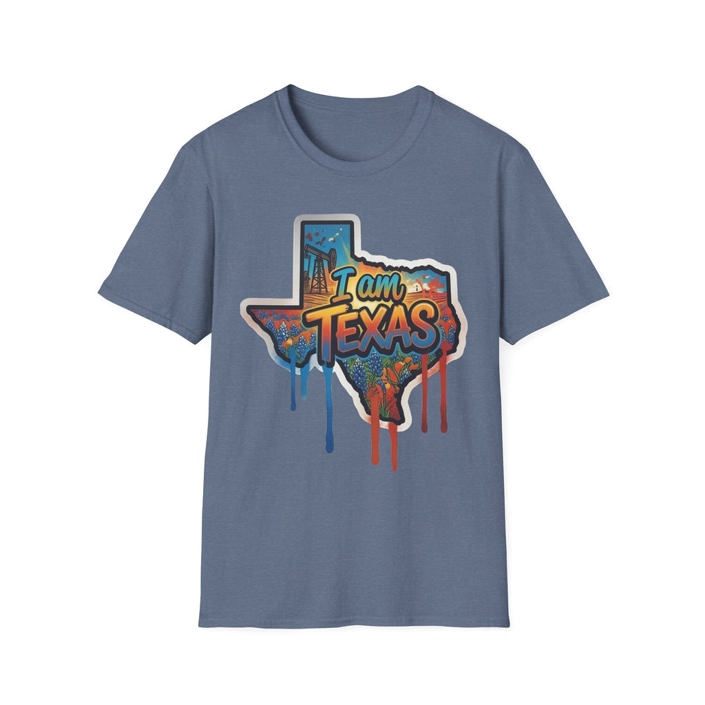 I Am Texas T-shirt (slate blue) with graffiti state outline and skyline “I am Texas” print