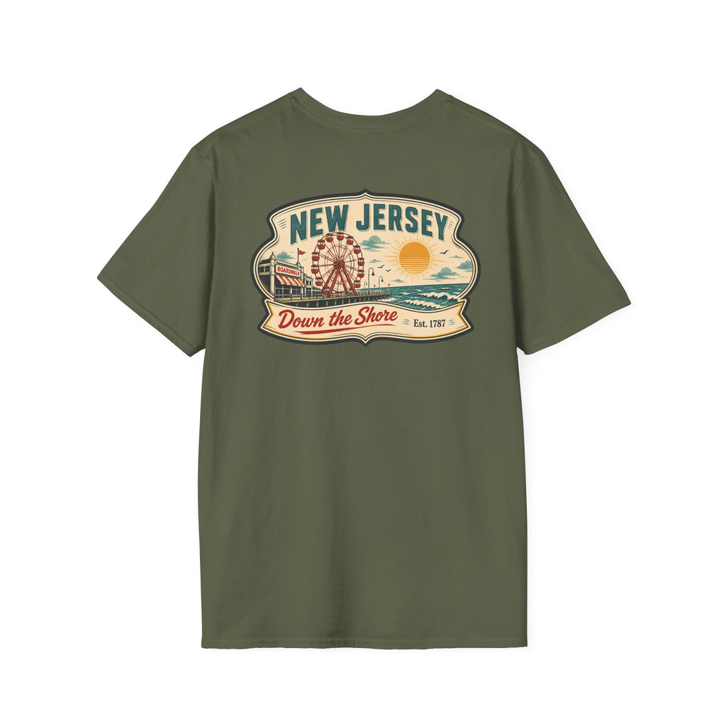 Olive T-shirt with New Jersey "Down the Shore" graphic