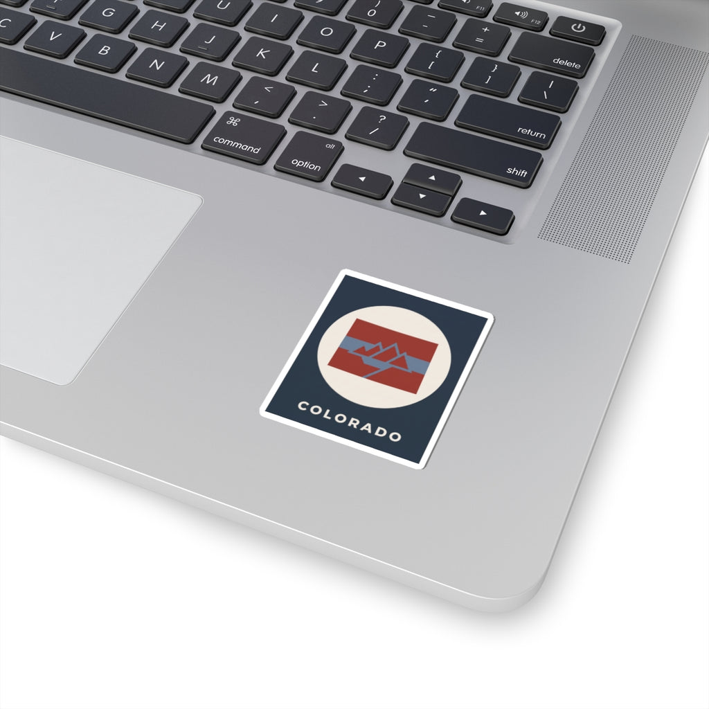 Colorado mountain badge sticker, square die-cut with red mountain graphic and Colorado text