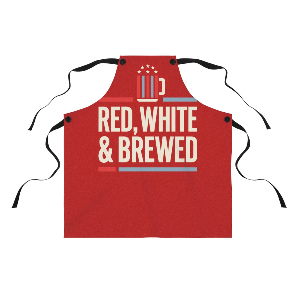 Red beer BBQ apron with black straps and “RED, WHITE & BREWED” slogan