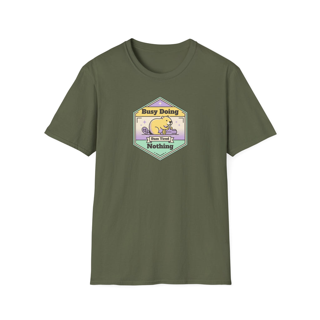 Olive green short-sleeve T-shirt with “Busy Doing Nothing” sloth graphic