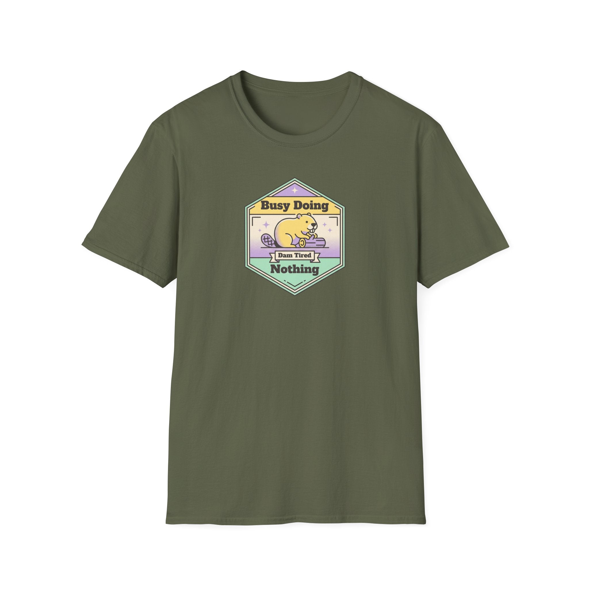 Olive green short-sleeve T-shirt with “Busy Doing Nothing” sloth graphic