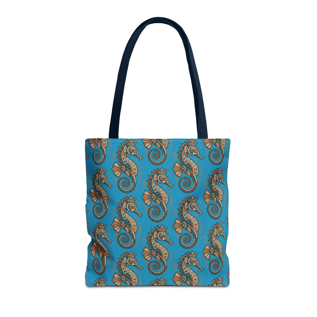 Ocean blue tote bag with steampunk seahorse pattern and navy handles, front view