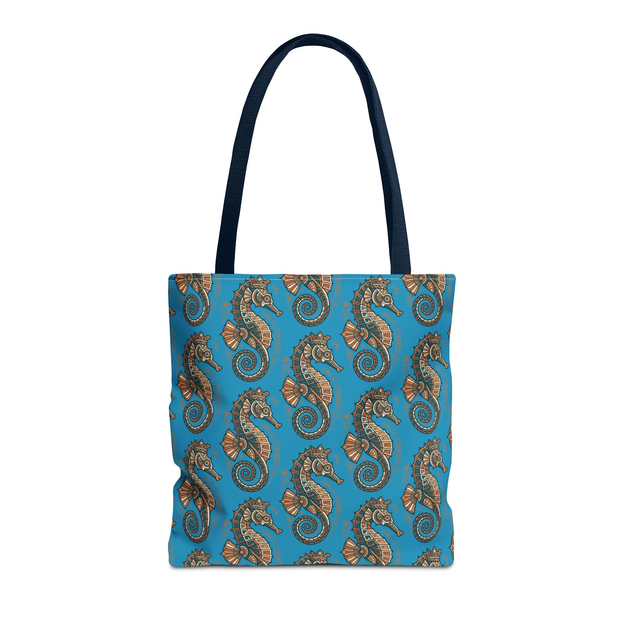 Ocean blue tote bag with steampunk seahorse pattern and navy handles, front view