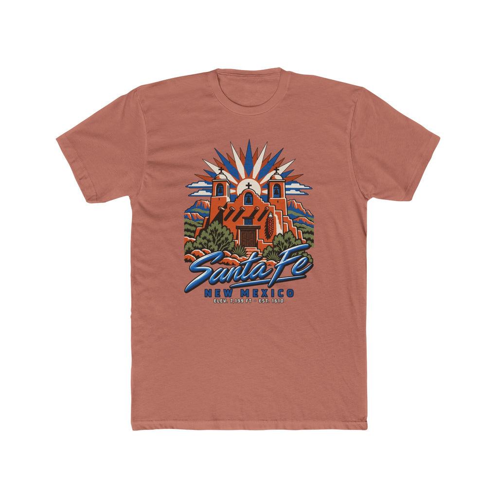Rust brown t-shirt with Santa Fe New Mexico pueblo illustration graphic