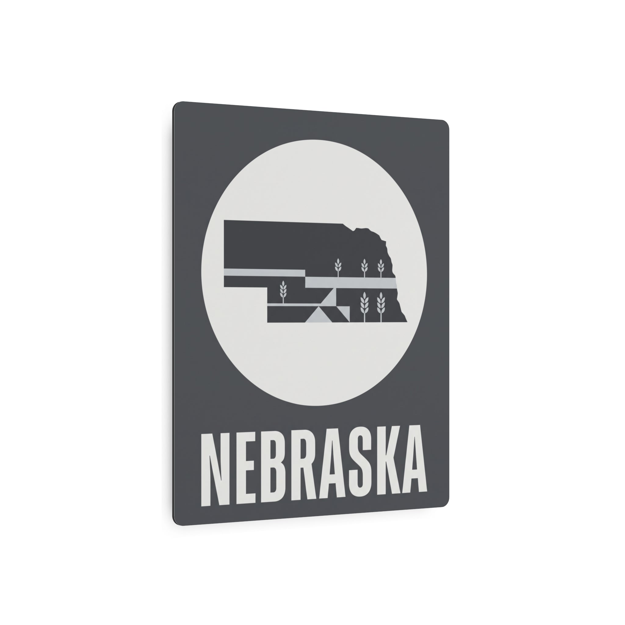 Nebraska metal art sign with dark square frame, circular wheat scene, and NEBRASKA lettering