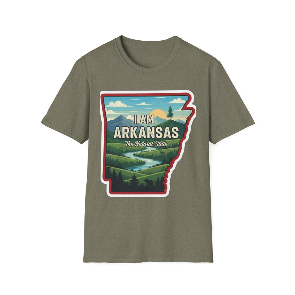 I AM Arkansas T-shirt in olive heather with state outline landscape graphic