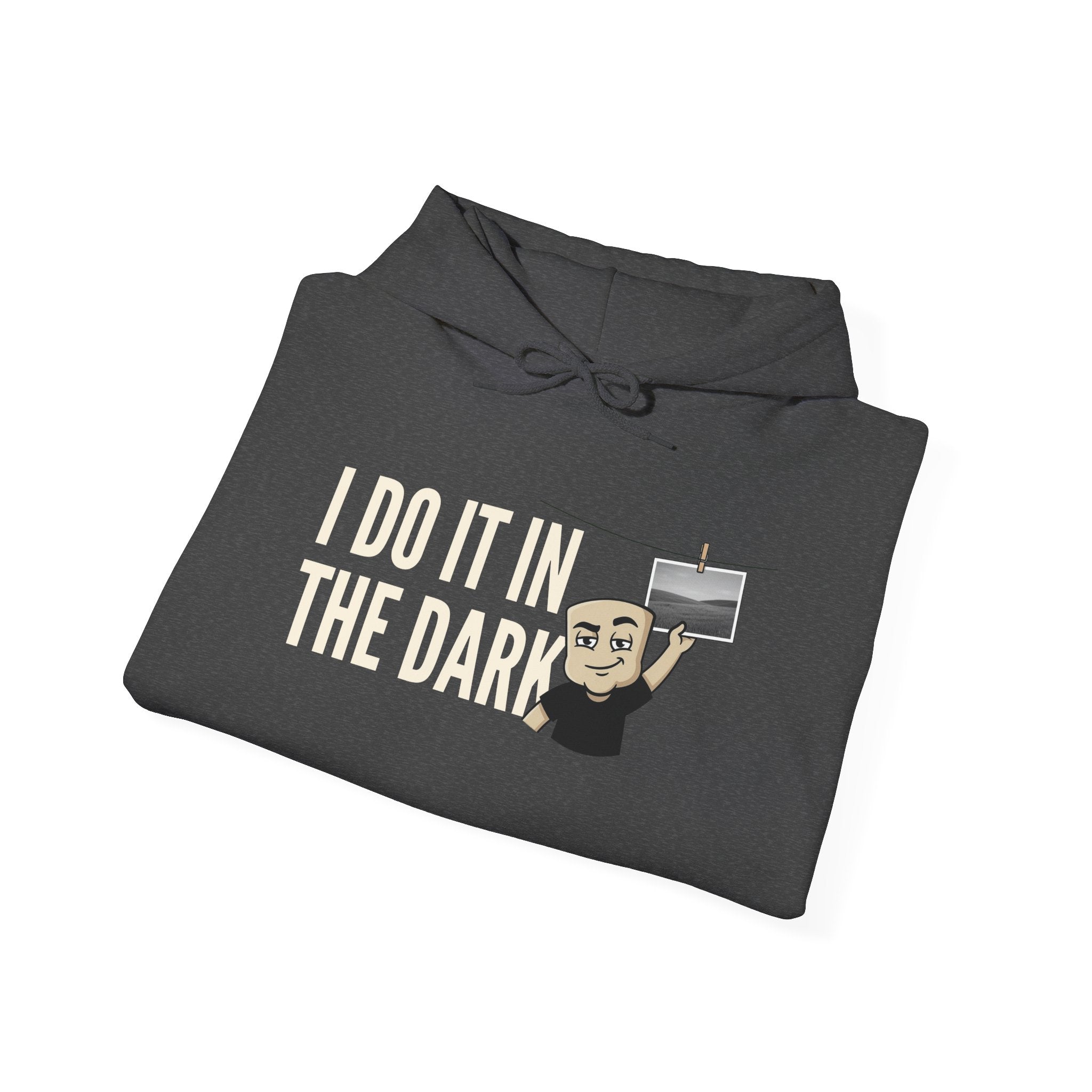 Dark heather hoodie with "I Do It In The Dark" graphic and cartoon face