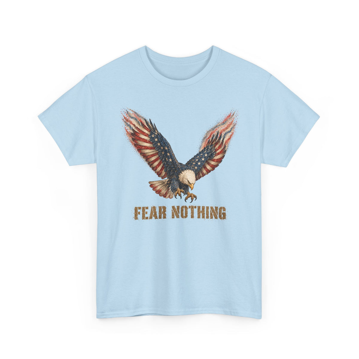 Light blue t-shirt with eagle graphic and “FEAR NOTHING” text on front