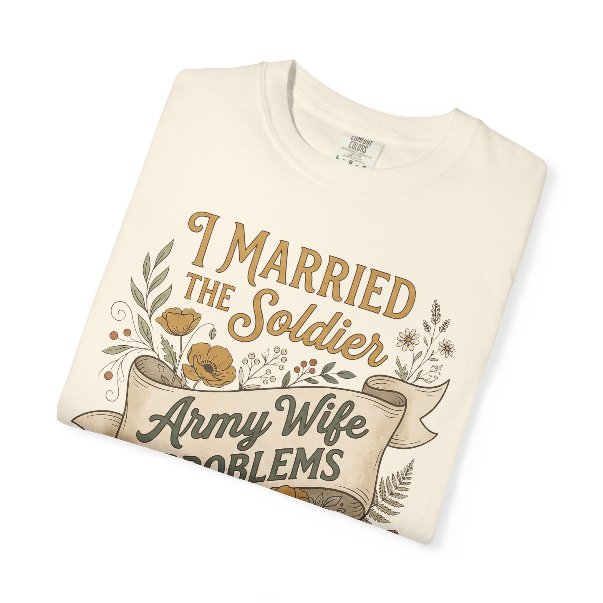 Ivory crewneck T-shirt with front 'I Married the Soldier' floral print