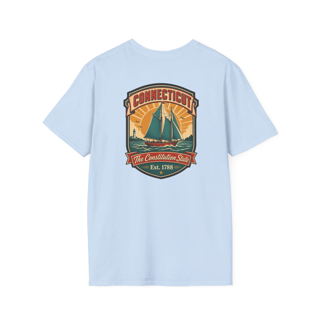 Light blue T-shirt with Connecticut badge sailboat graphic on the chest