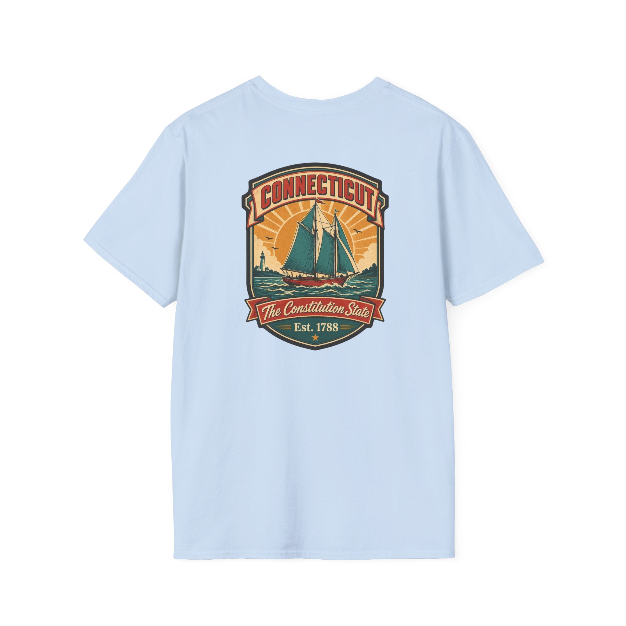Light blue T-shirt with Connecticut badge sailboat graphic on the chest