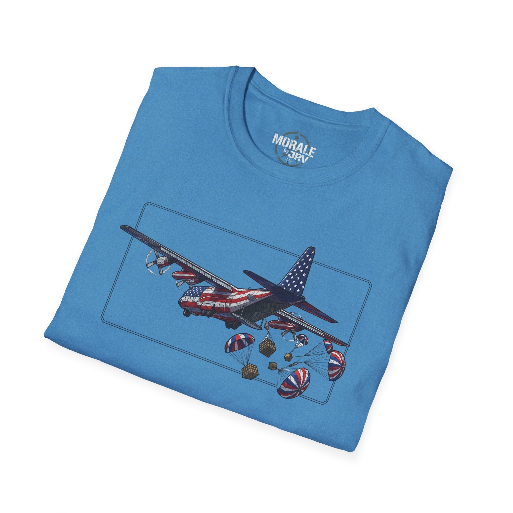 C-130 Hercules Airdrop T-Shirt with plane and parachute graphic, light blue