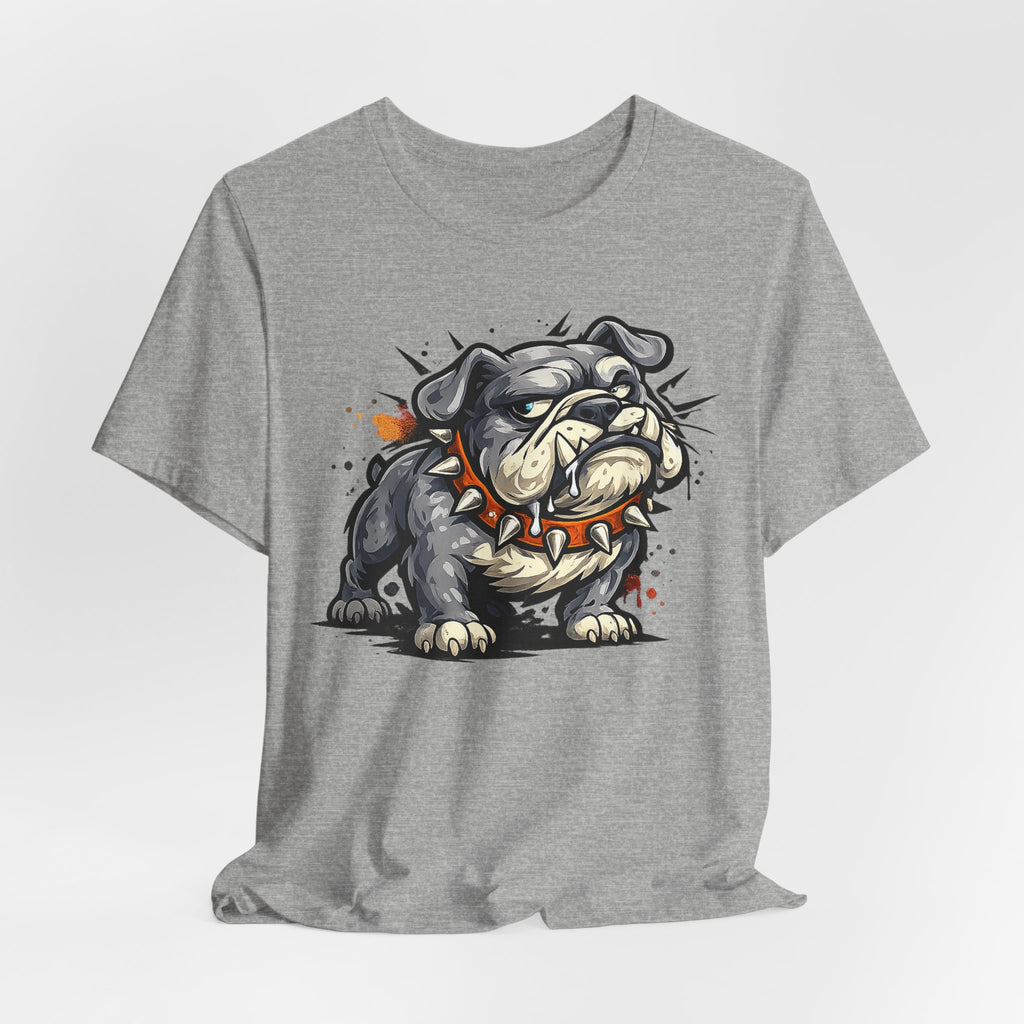 Heather gray t-shirt with centered bulldog illustration in gray, tan, and orange