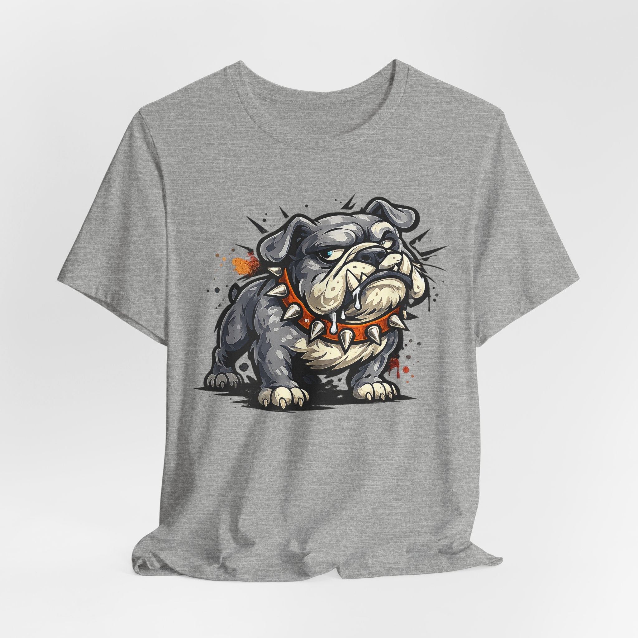 Heather gray t-shirt with centered bulldog illustration in gray, tan, and orange