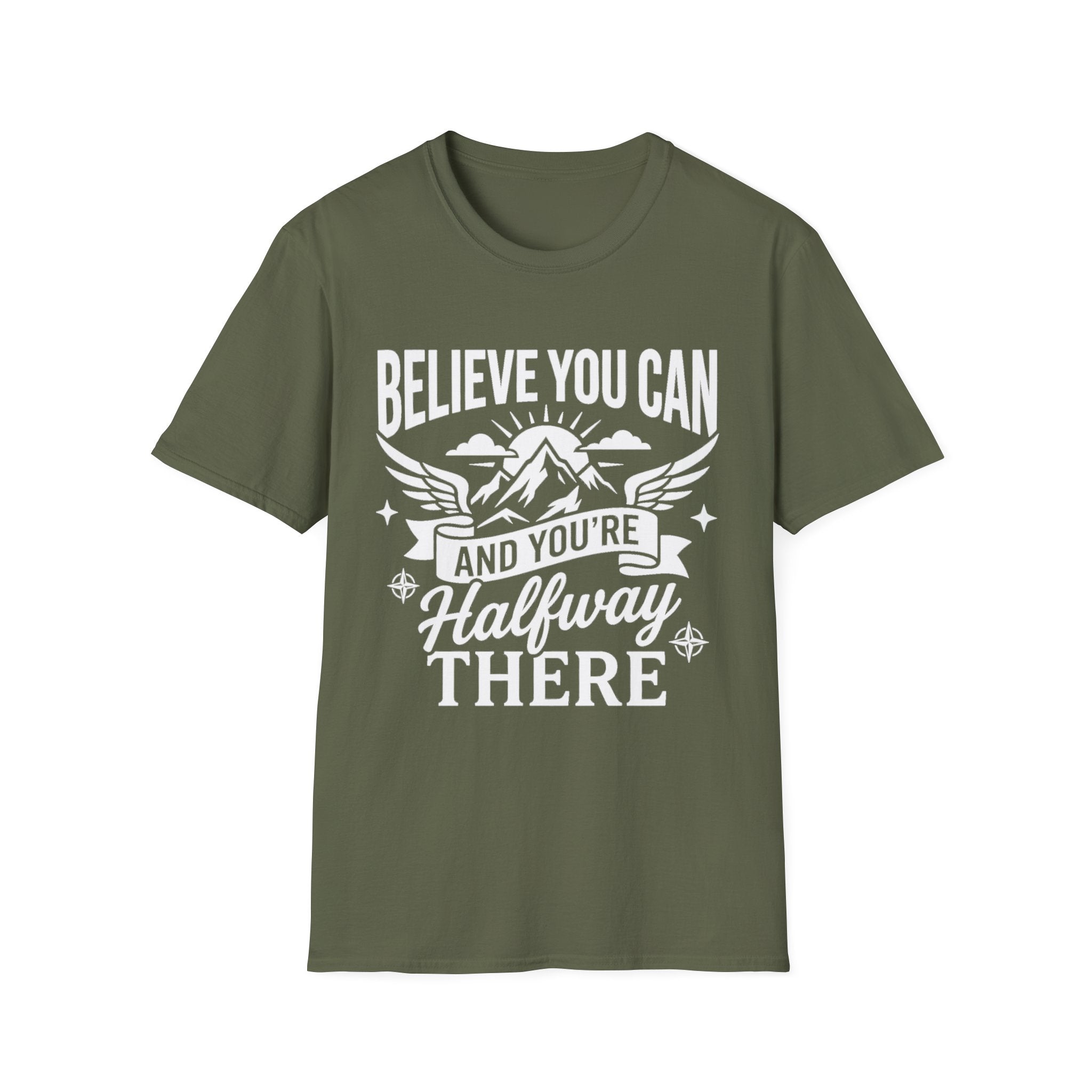 Military Green t-shirt with “Believe You Can” mountain hiking quote graphic on front