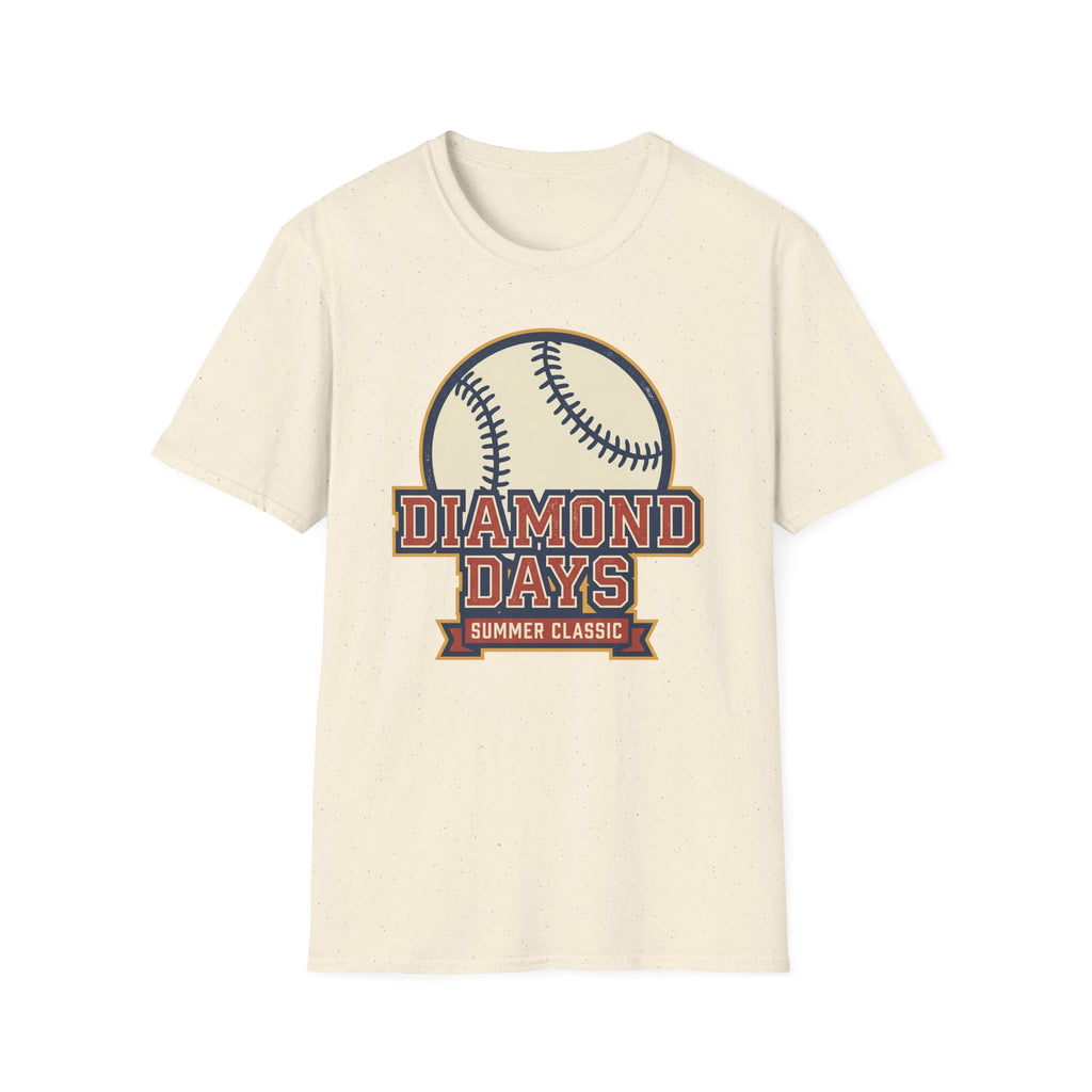 Cream crew-neck T-shirt with 'Diamond Days' baseball emblem print.