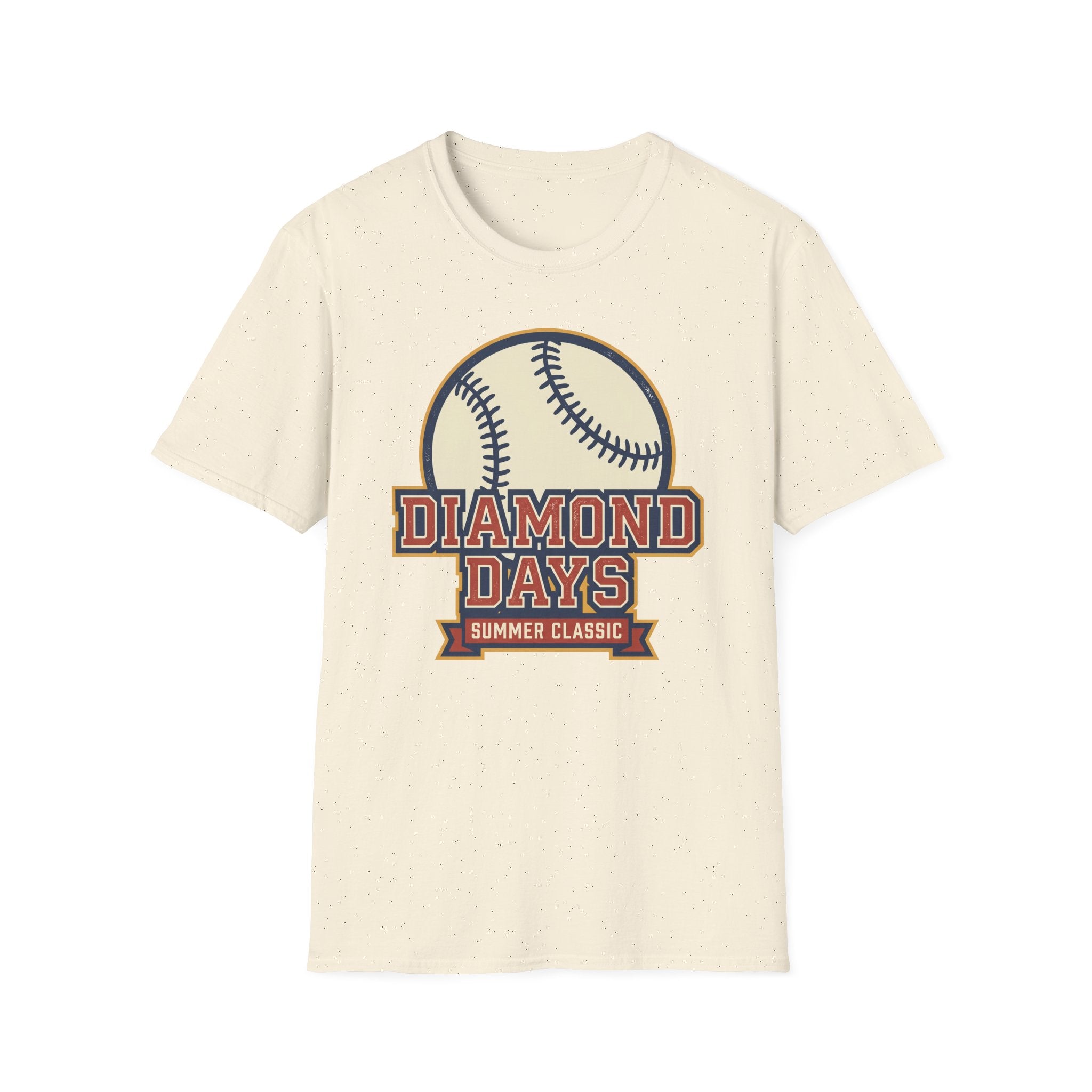 Cream crew-neck T-shirt with 'Diamond Days' baseball emblem print.