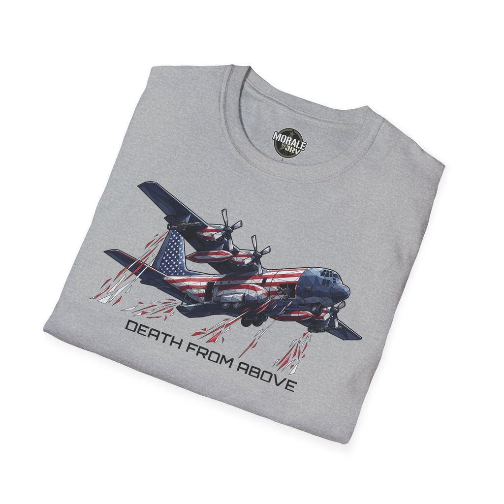 DEATH FROM ABOVE C-130 T-shirt, sport grey: C-130 graphic with American flag pattern