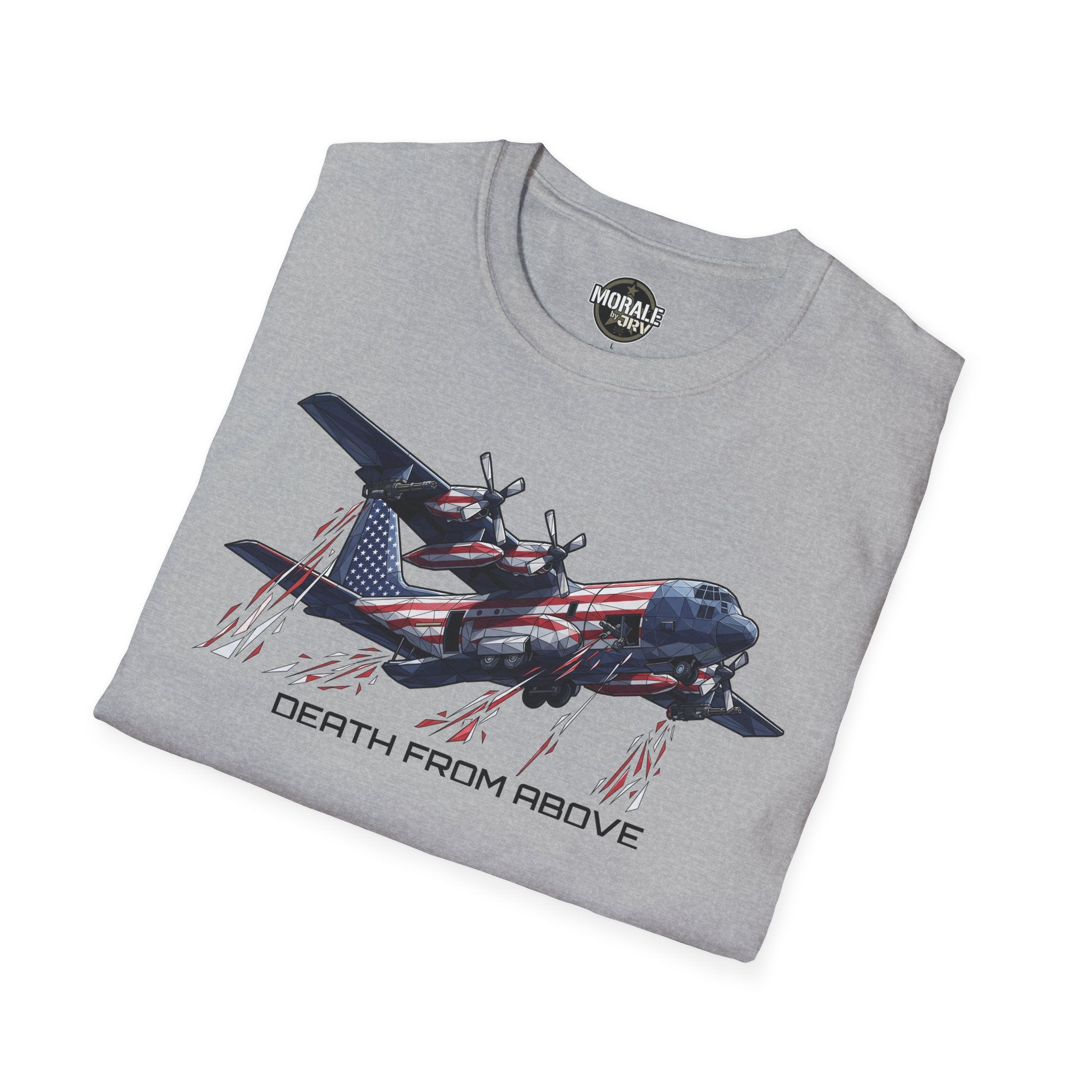 DEATH FROM ABOVE C-130 T-shirt, sport grey: C-130 graphic with American flag pattern