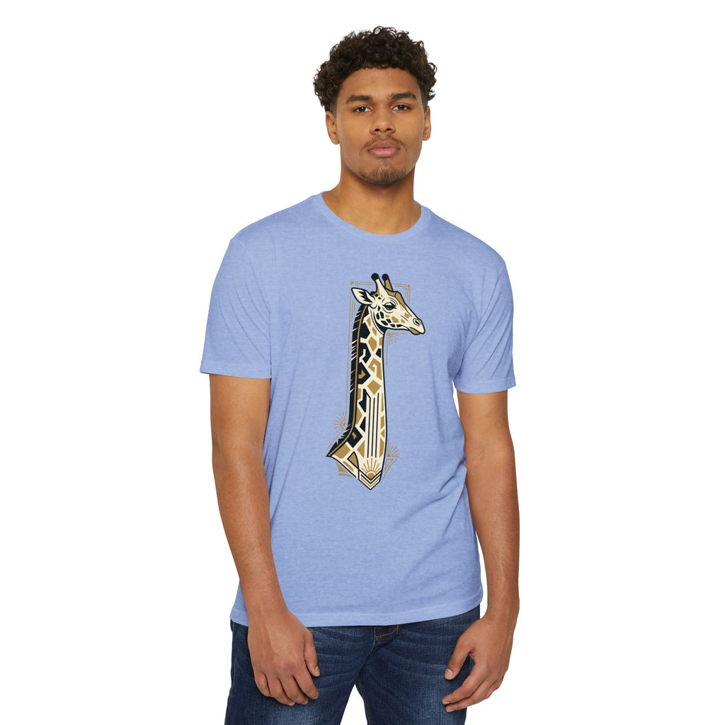 Light blue giraffe graphic t-shirt with Art Deco geometric design, front