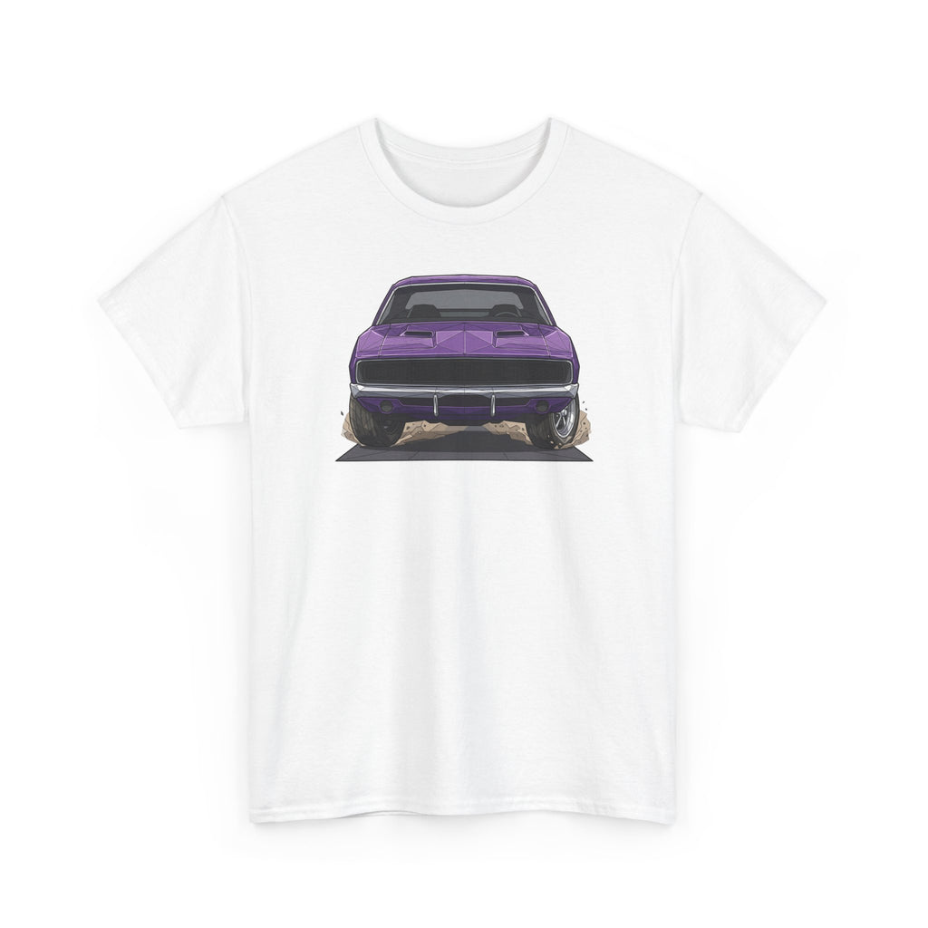White T-shirt with purple retro muscle car chest graphic, front view