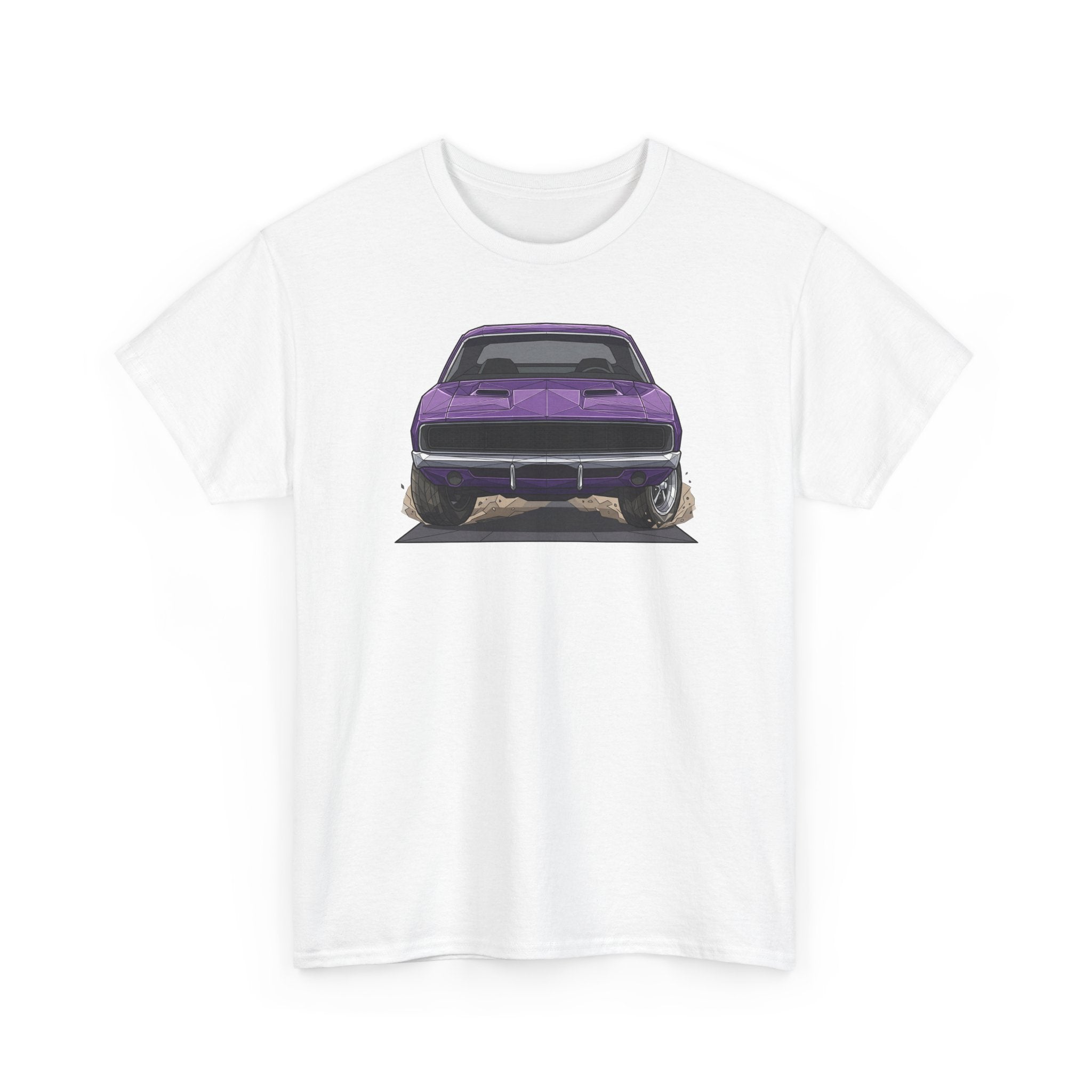 White T-shirt with purple retro muscle car chest graphic, front view