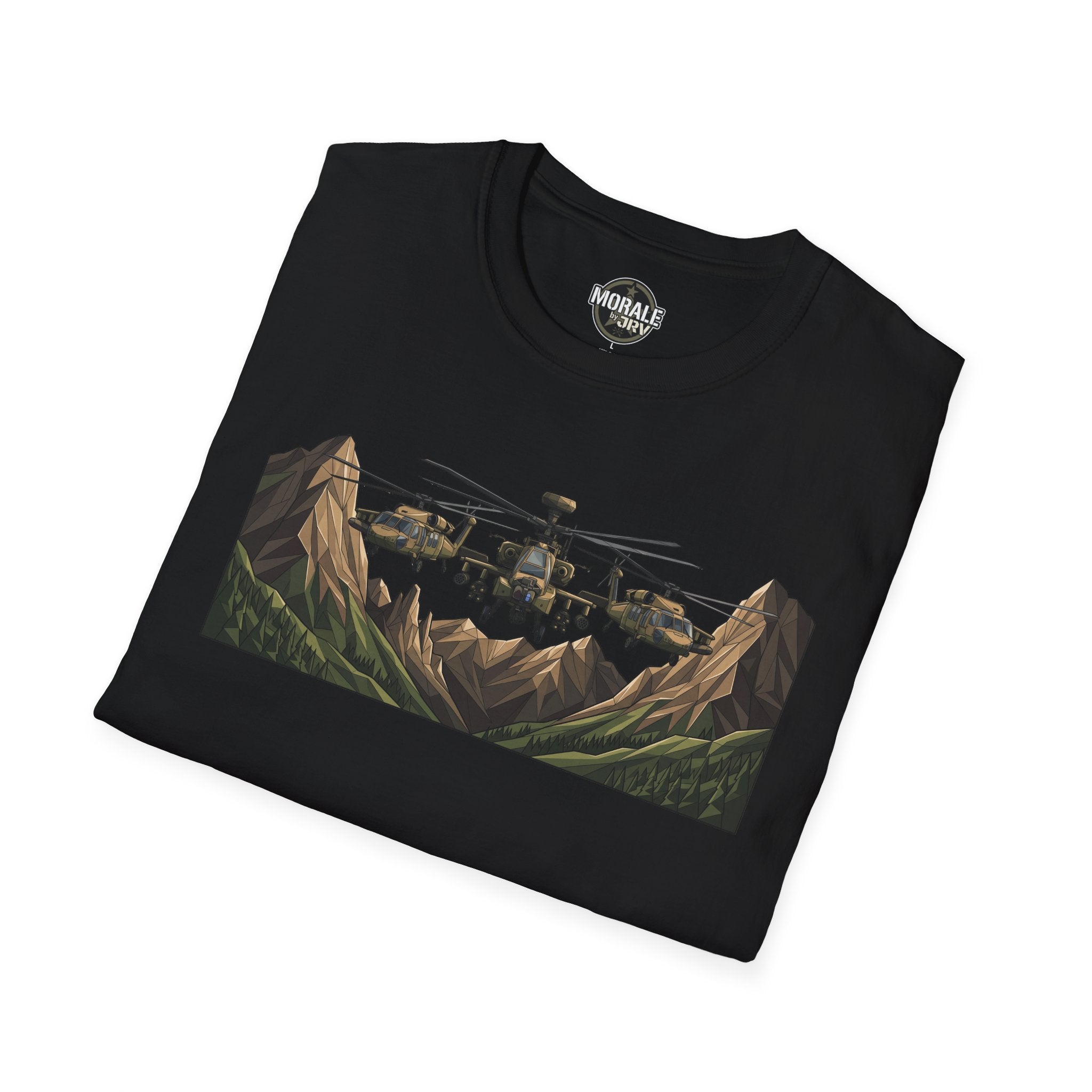 Black T-shirt with helicopter and mountain landscape graphic front