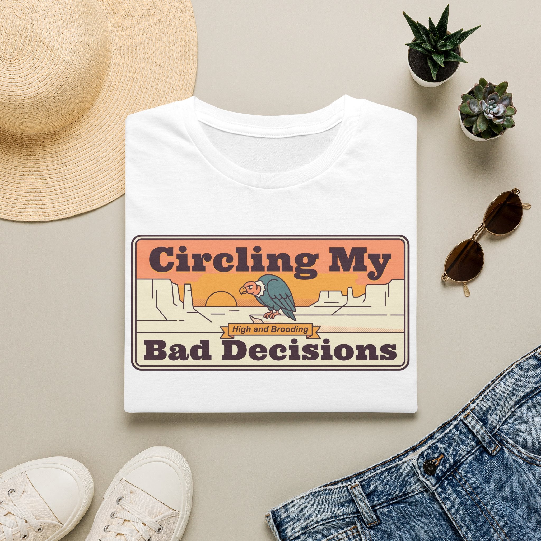 White crewneck T-shirt with retro vulture "Circling My Bad Decisions" graphic