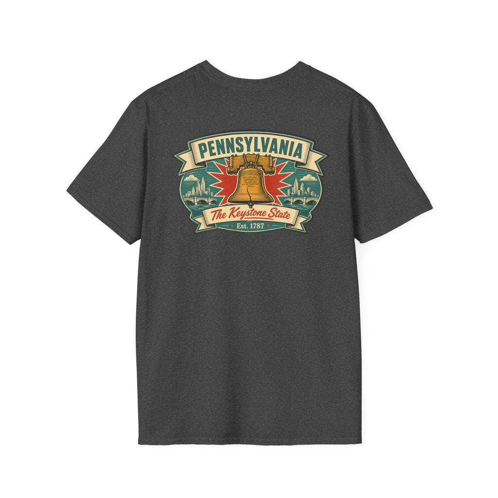 Pennsylvania Liberty Bell T-shirt in dark gray with front Pennsylvania crest graphic