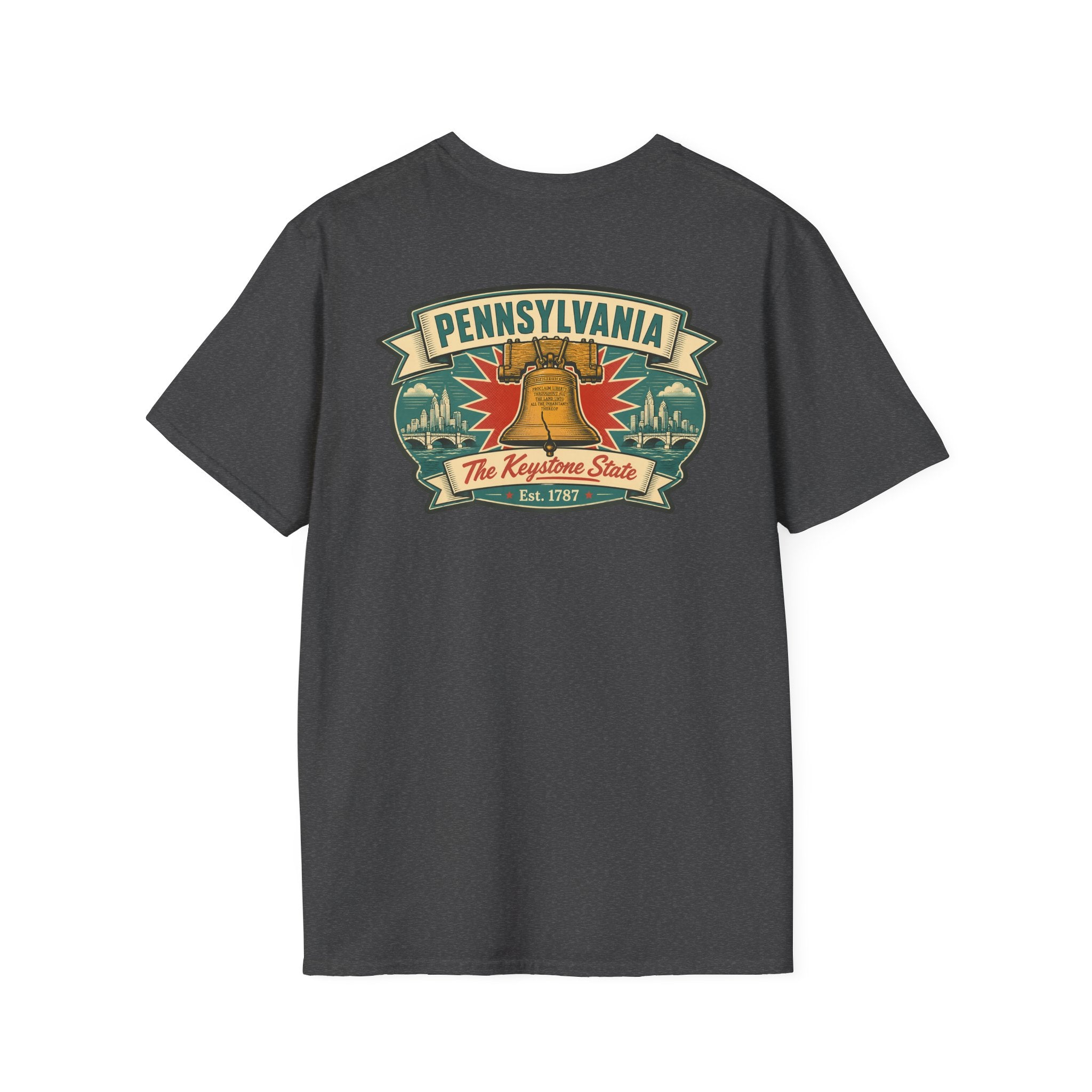 Pennsylvania Liberty Bell T-shirt in dark gray with front Pennsylvania crest graphic