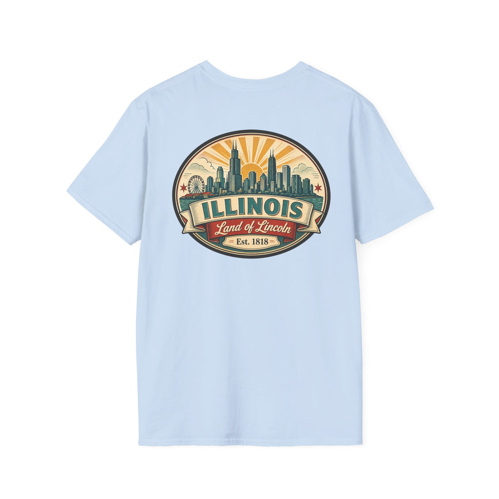 Light blue T-shirt with circular Illinois skyline badge, Est. 1818