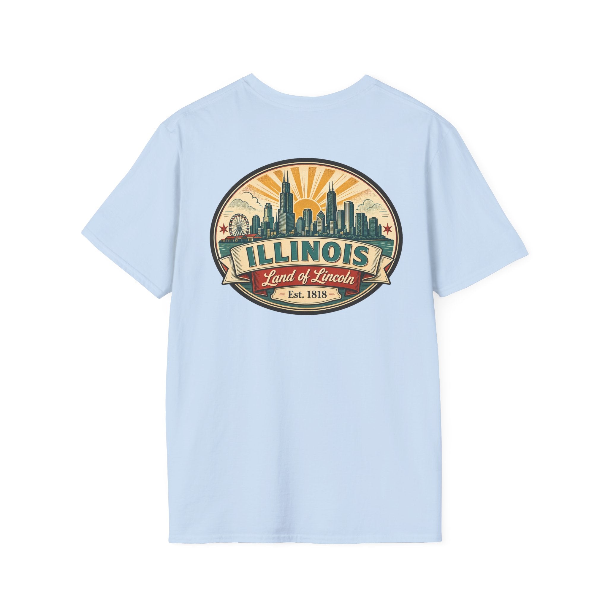 Light blue T-shirt with circular Illinois skyline badge, Est. 1818