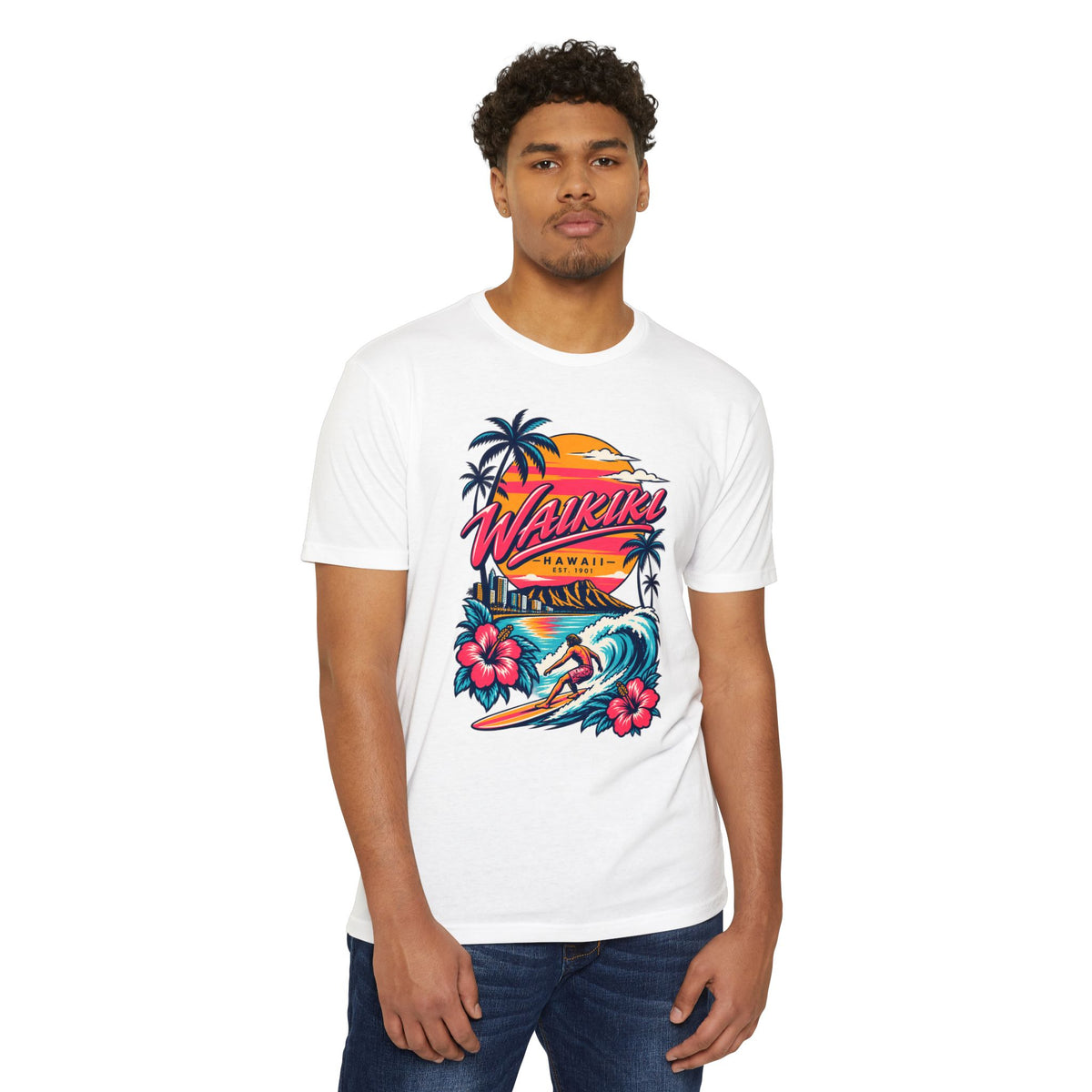White crew-neck T-shirt with Waikiki surf graphic, palm trees and flowers