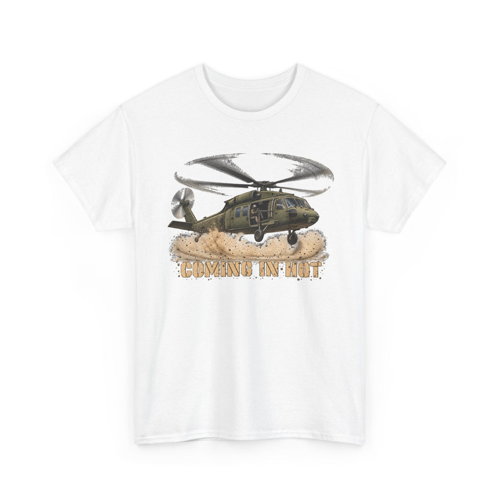 White crewneck T-shirt with helicopter graphic print