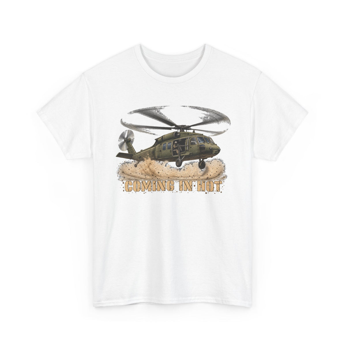White crewneck T-shirt with helicopter graphic print