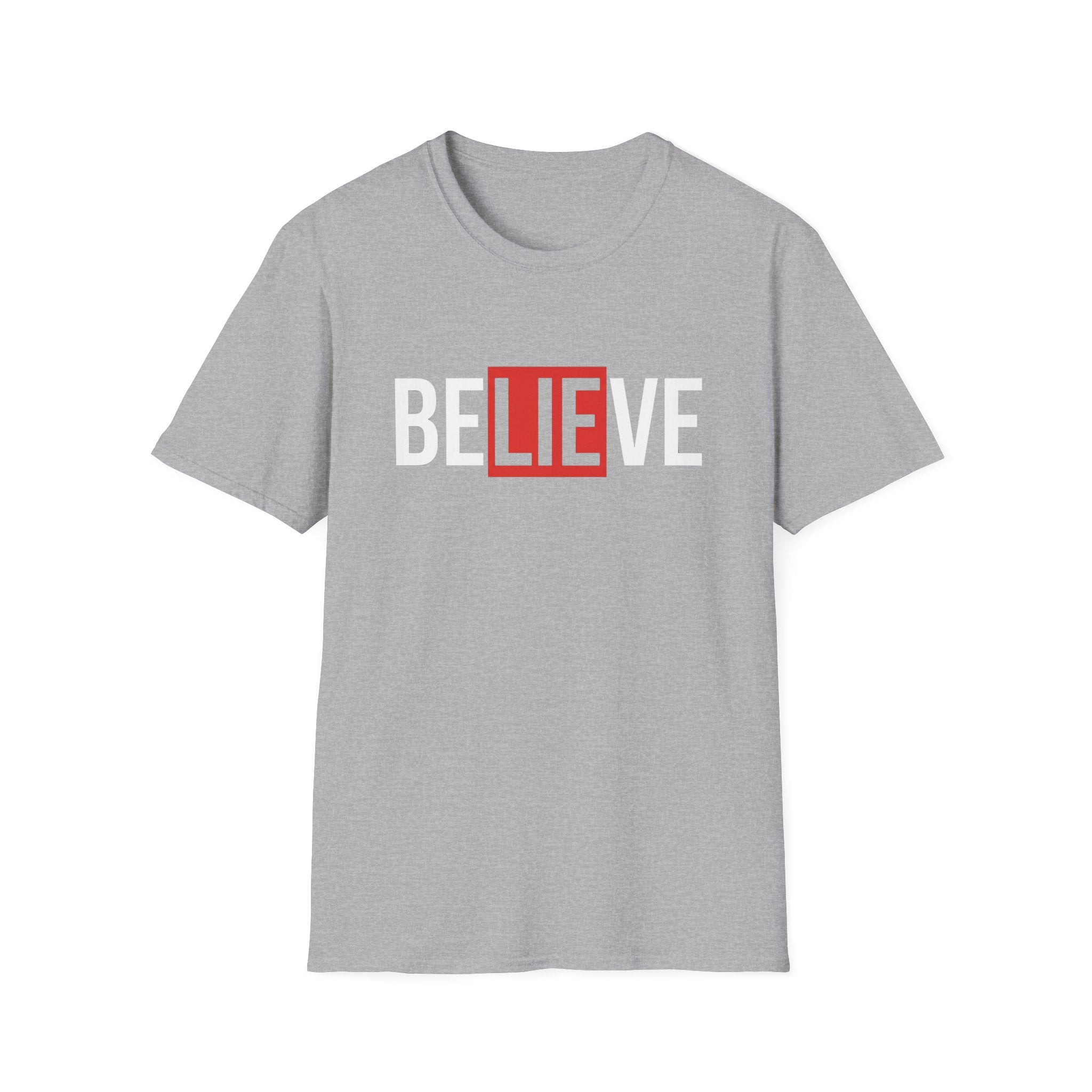 Sport grey statement tee with bold 'BELIEVE' text graphic in red and white