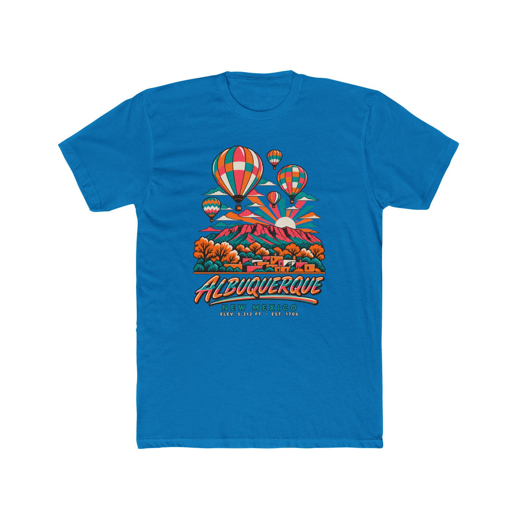 Blue T-shirt with colorful hot air balloon graphic and Albuquerque New Mexico logo.