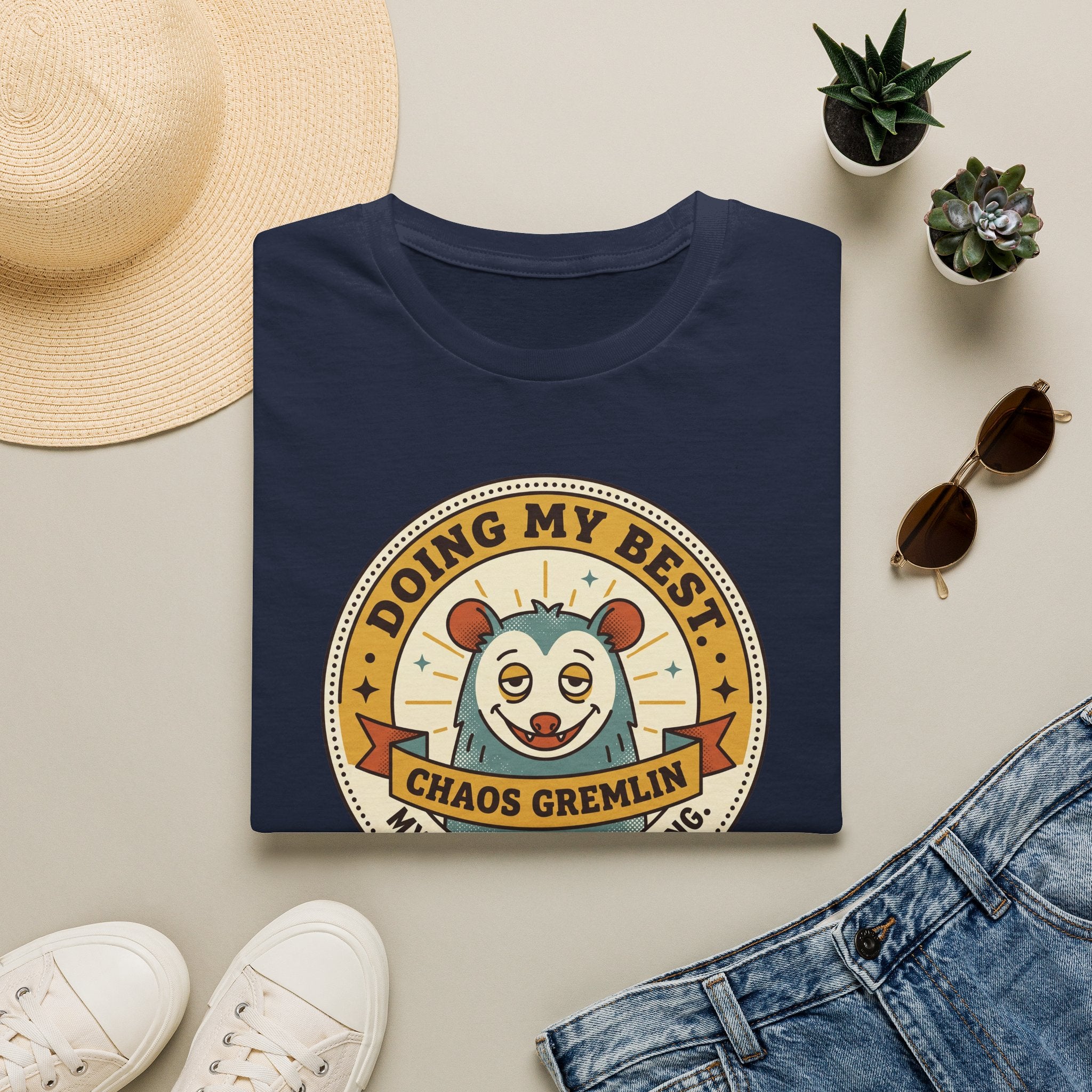 Navy t-shirt with “Doing My Best Chaos Gremlin” cartoon chest graphic