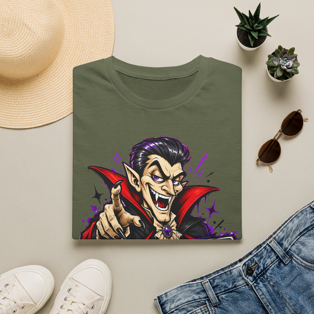 Olive green t-shirt with colorful vampire bite graphic on the front