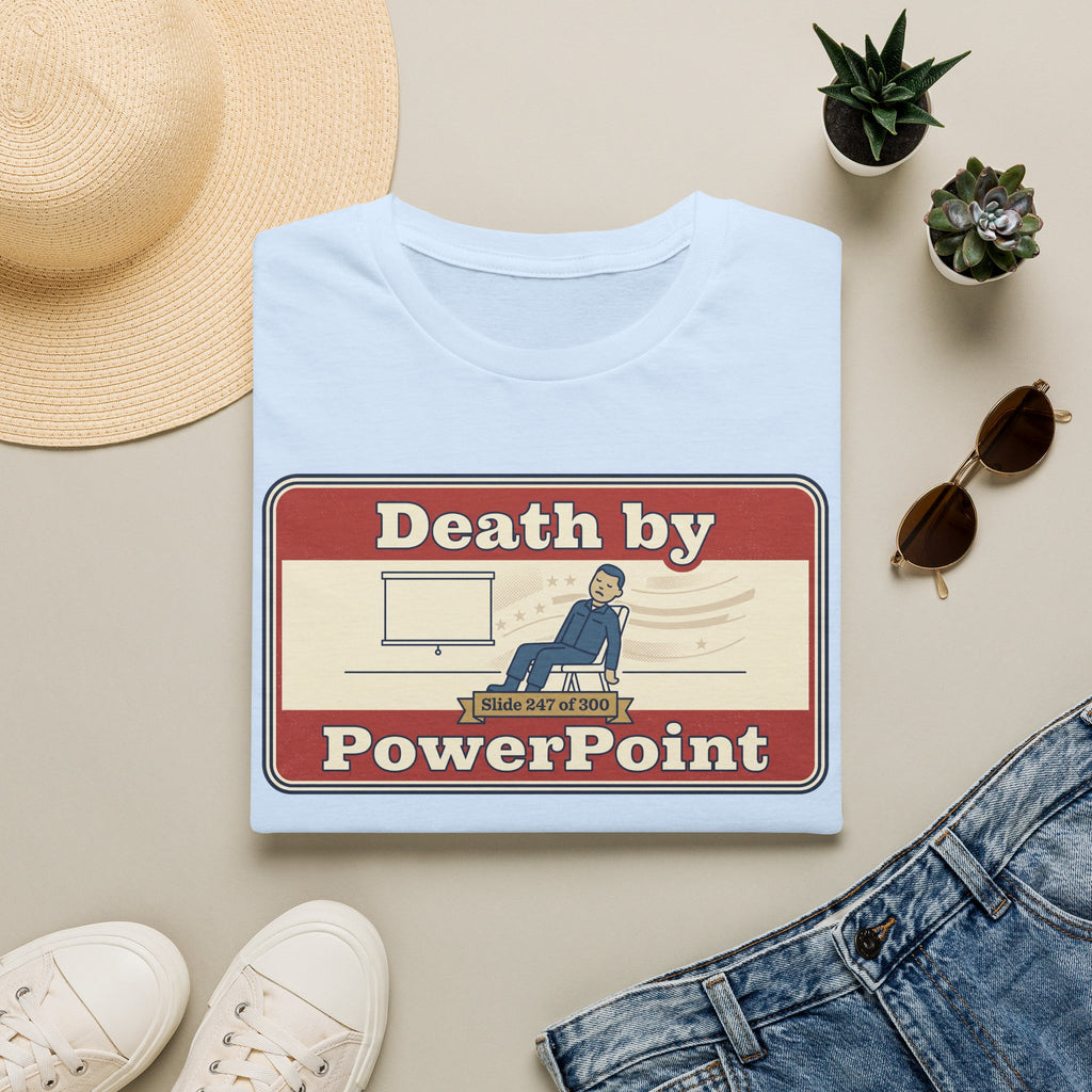 Light blue T-shirt with 'Death by PowerPoint' presentation graphic, crew neck.