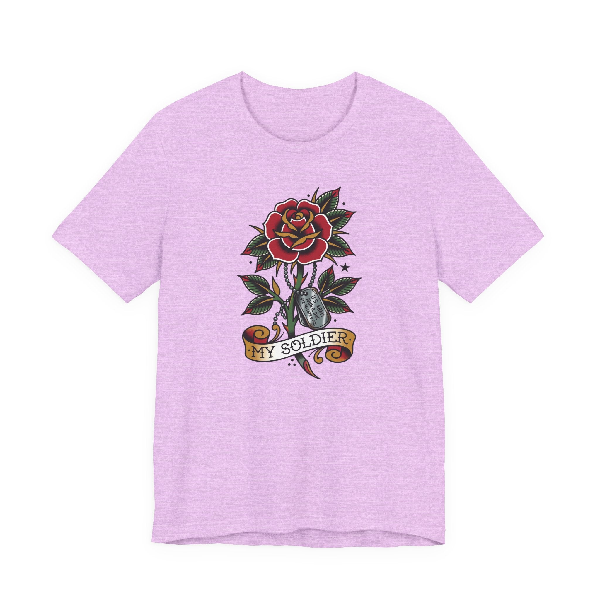 Light purple T-shirt with rose and dog tag graphic reading “MY SOLDIER”